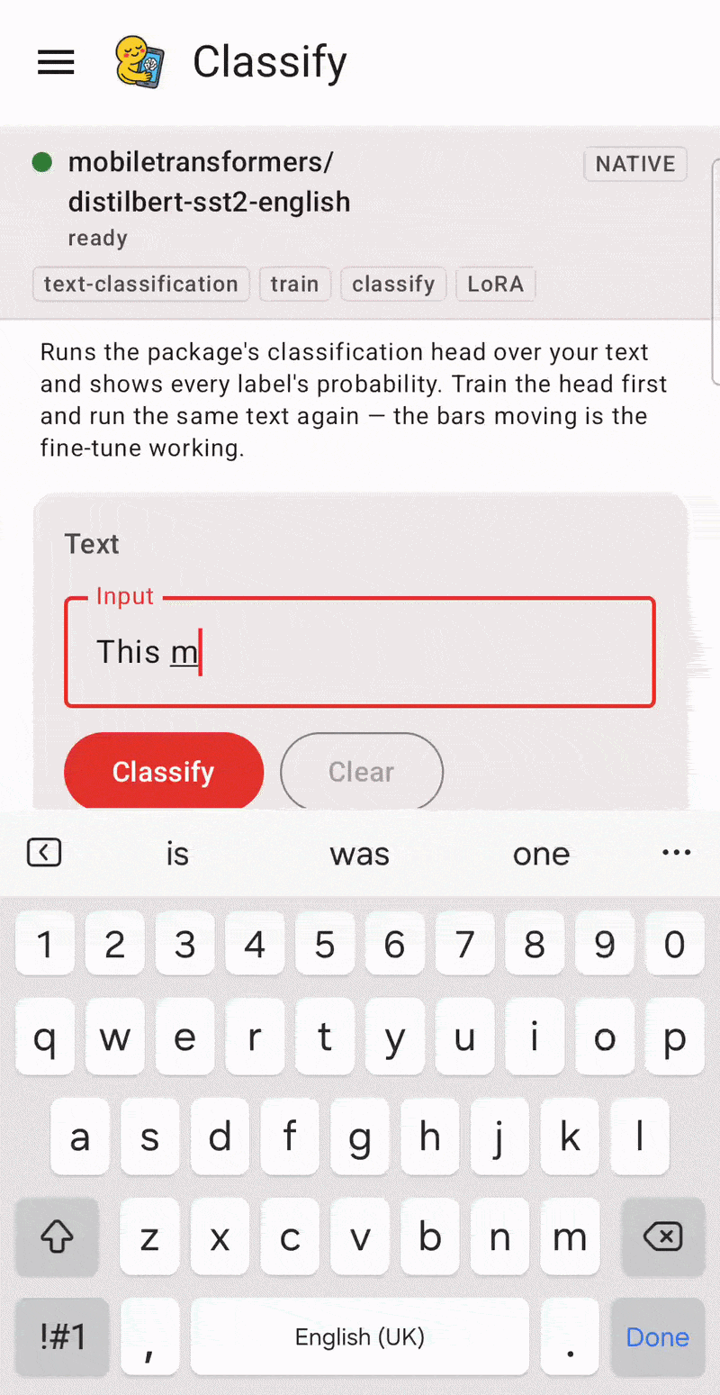 Classifying text on the device, with a probability per label