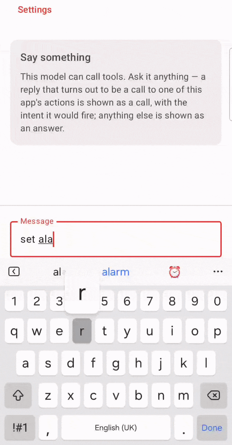 A chat reply becoming a validated Android alarm intent