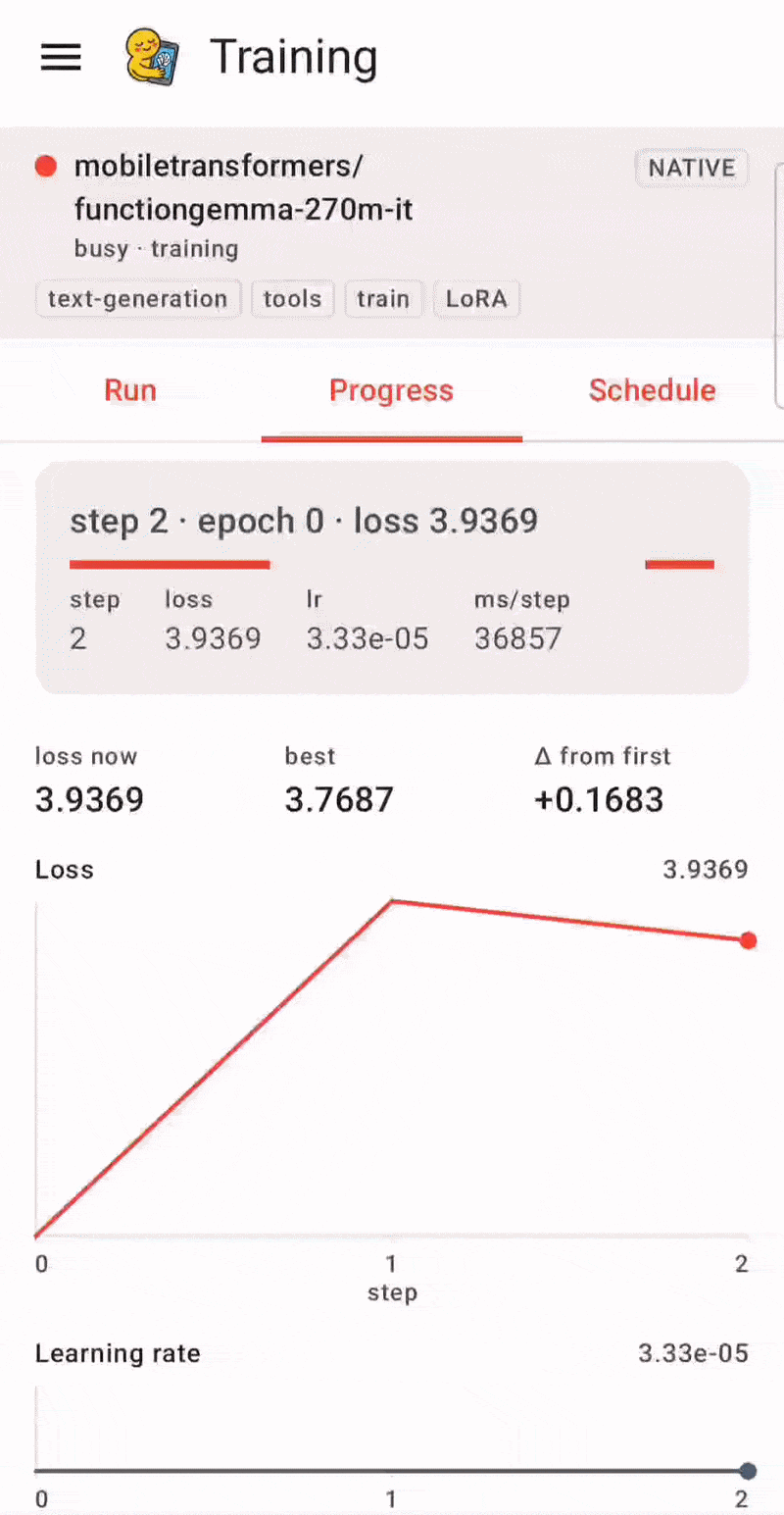 A LoRA training run on the device, and the merge that follows